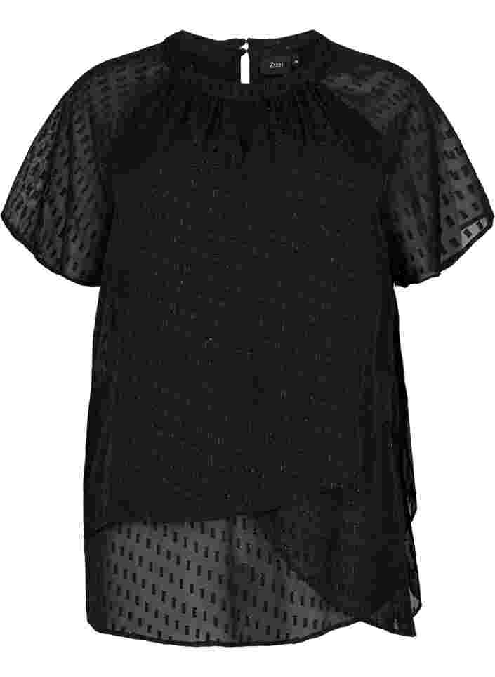 Bluse med 2/4 ærmer i mønstret chiffon, Black, Packshot image number 0
