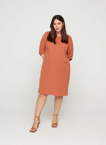 Bomulds kjole med knapper og 3/4 ærmer, Rust As Sample, Model image number 0