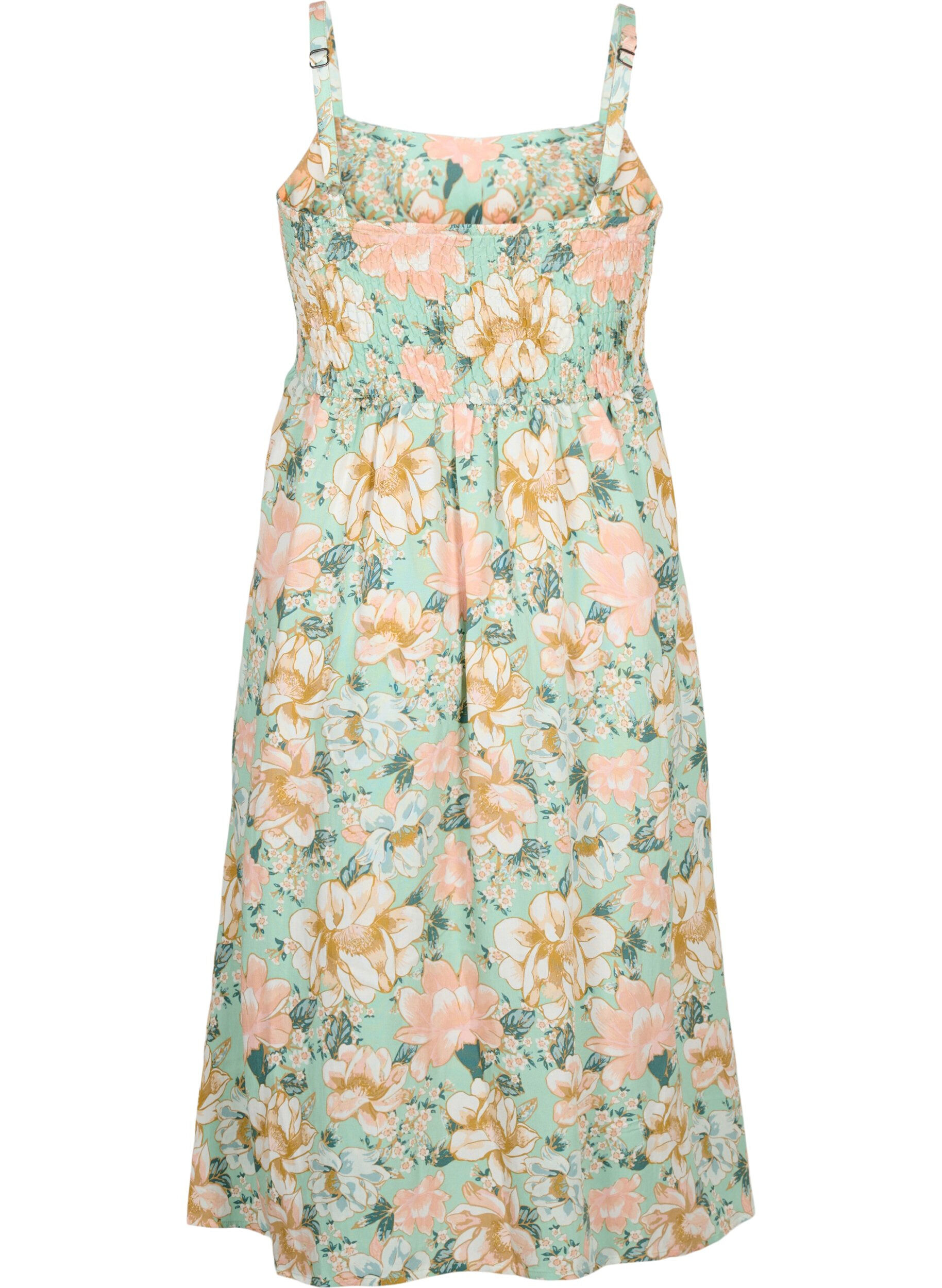 Zizzi Blomstret stropkjole i viskose med smock, Green Flower, Packshot image number 1