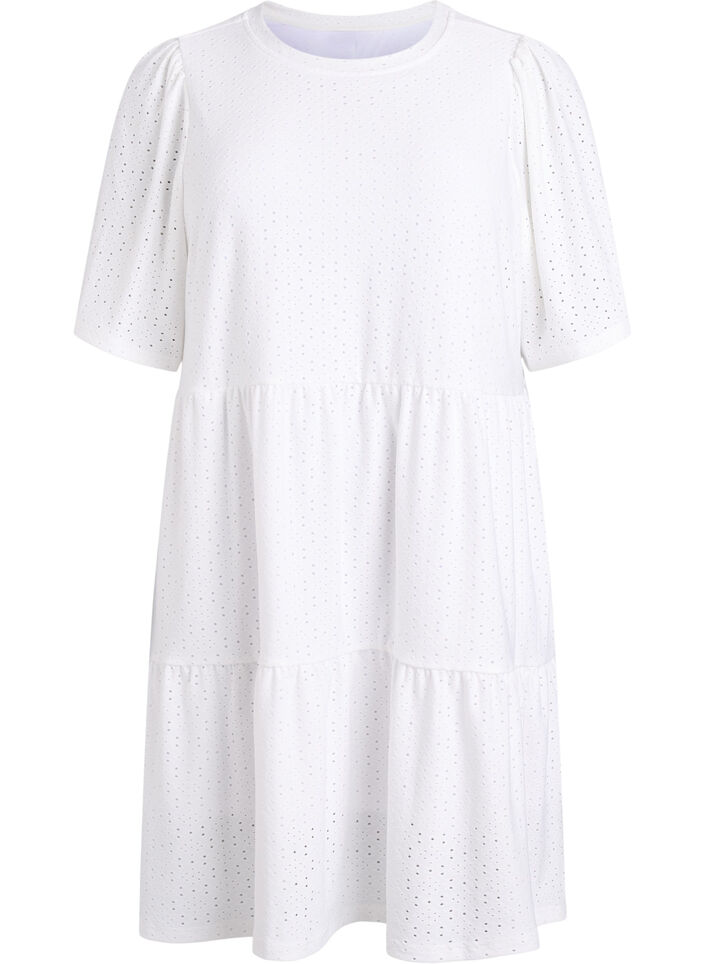 Kort kjole med hulm&oslash;nster og lagdelt sk&oslash;rt, Hvid, Packshot image number 0