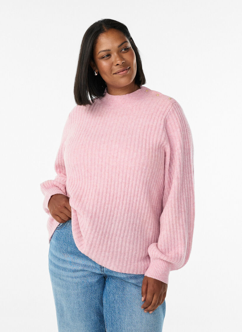 Ribstrikket sweater med ballon&aelig;rmer og knapper, Lyser&oslash;d, Model image number 0