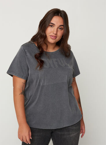 Bomulds t-shirt med nitter og smock, Grey Wash, Model image number 0