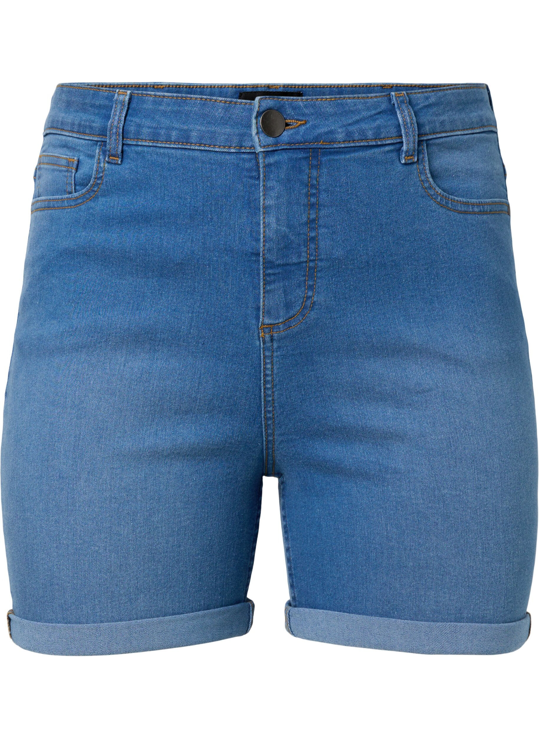 Zizzi H&oslash;jtaljede denim shorts med slim fit, Medium Blue Denim, Packshot image number 0