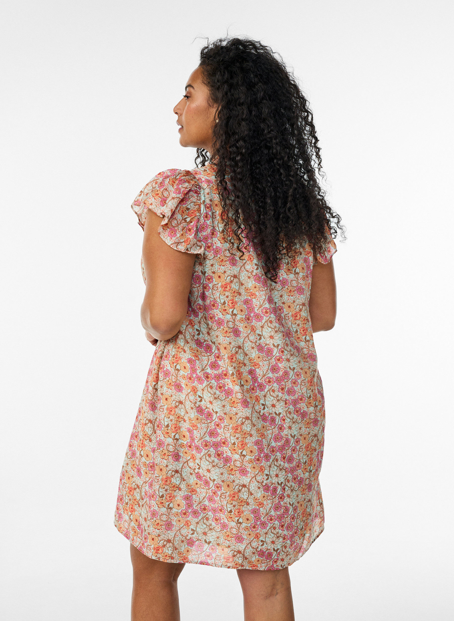 ZizziKort kjole i viskose med smock og blomsterprint, Orange, Model image number 2