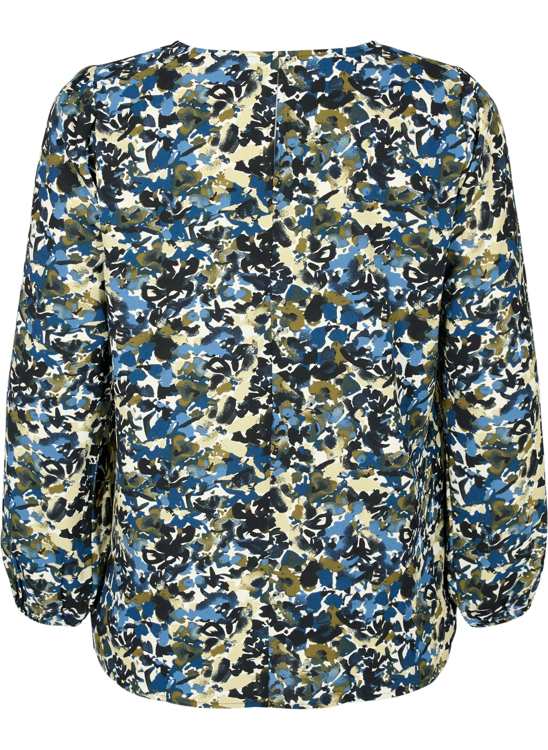 Zizzi Bluse med puf&aelig;rmer, Blue Green AOP, Packshot image number 1