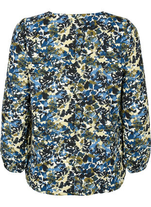 Bluse med pufærmer, Blue Green AOP, Packshot image number 1