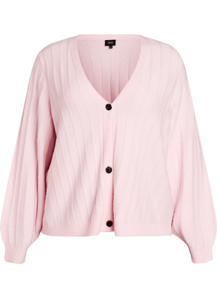 Cardigan med ribstruktur og ballonærmer, Lyserød, Packshot image number 0