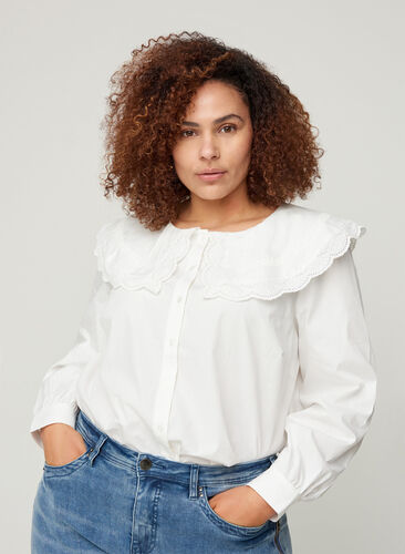 Bomulds skjorte med stor krave, Bright White, Model image number 0