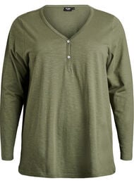Lang&aelig;rmet t-shirt med V-hals og knapper, Gr&oslash;n