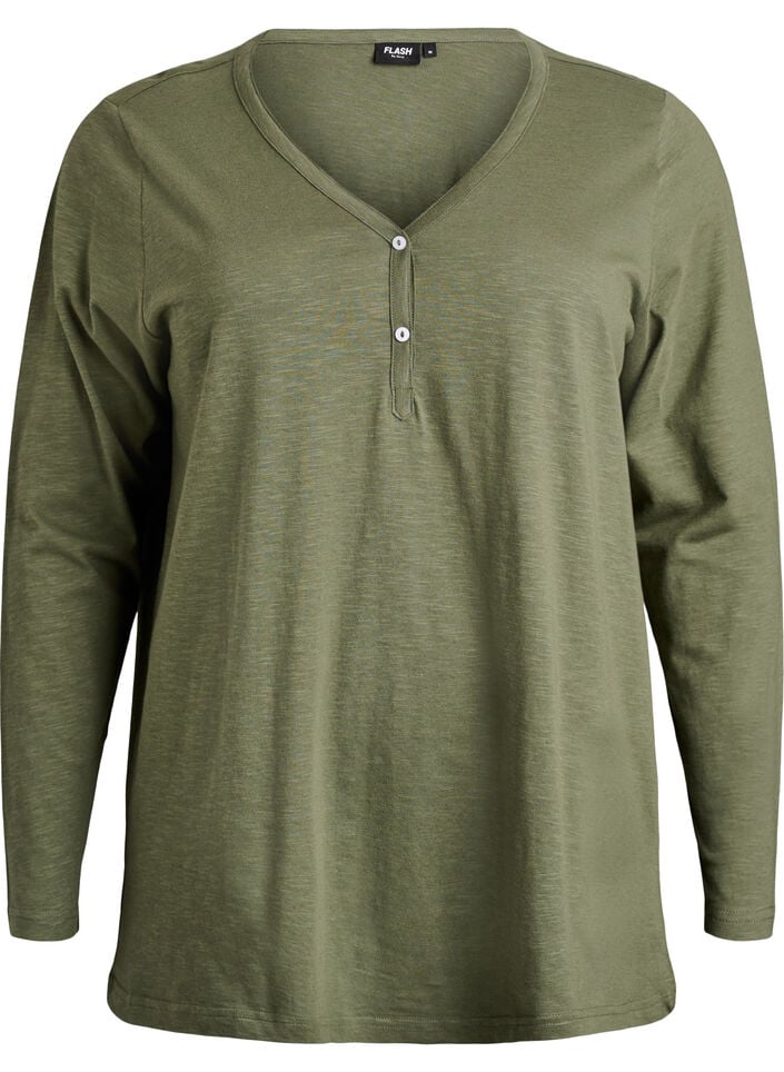Lang&aelig;rmet t-shirt med V-hals og knapper, Gr&oslash;n, Packshot image number 0