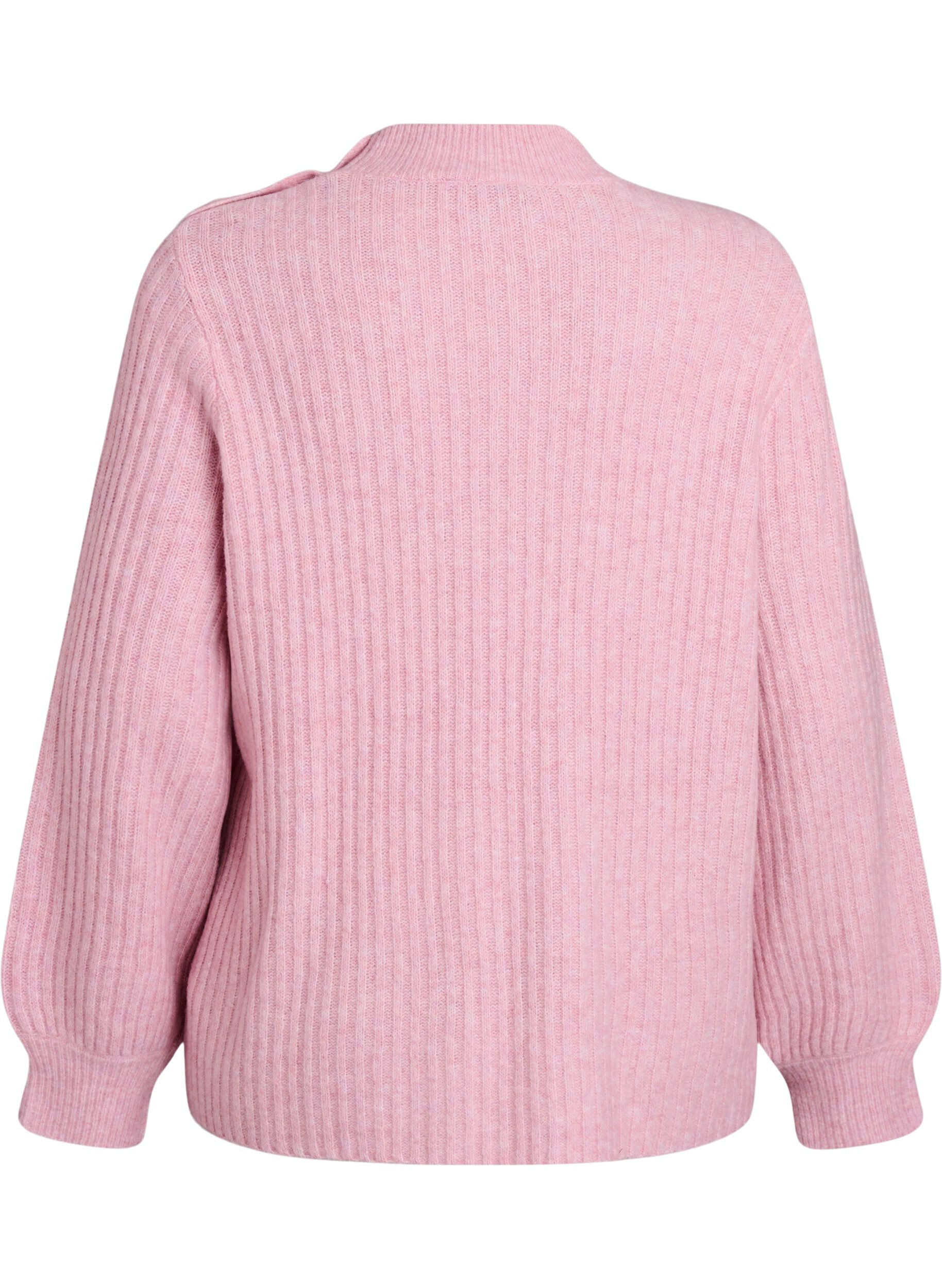 ZizziRibstrikket sweater med ballon&aelig;rmer og knapper, Lyser&oslash;d, Packshot image number 1