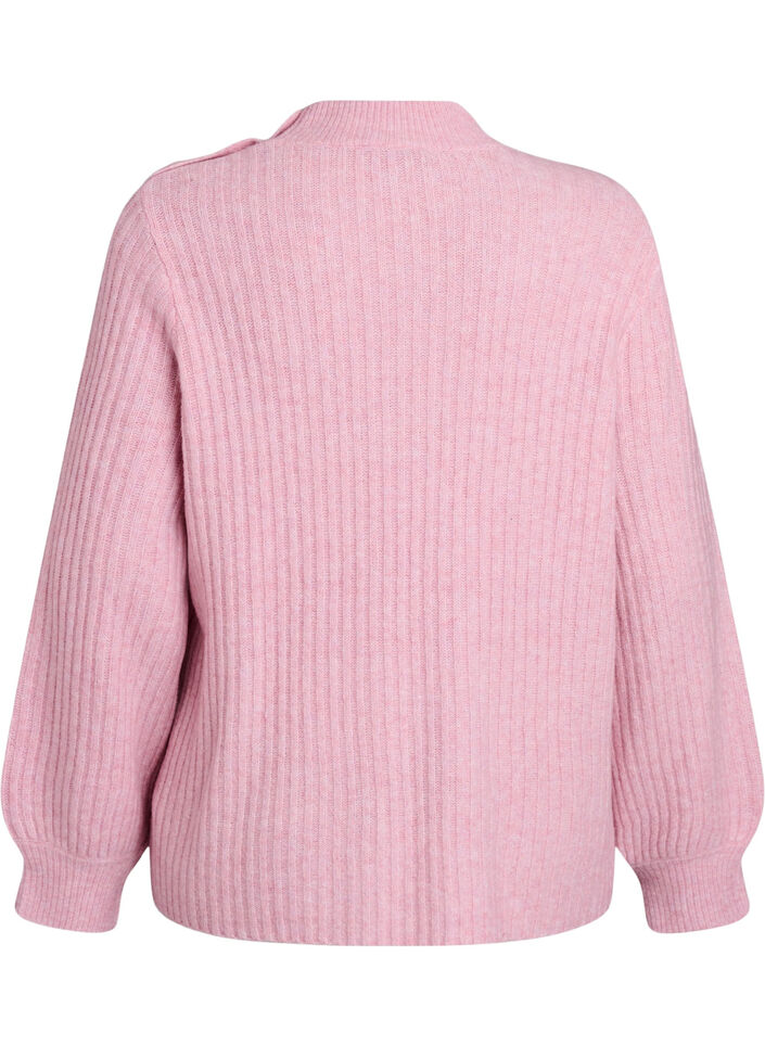 Ribstrikket sweater med ballon&aelig;rmer og knapper, Lyser&oslash;d, Packshot image number 1
