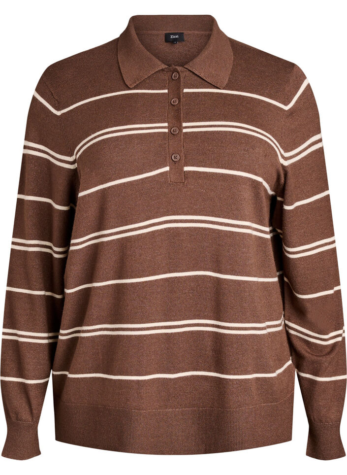 Strikbluse med polokrave, Brun, Packshot image number 0