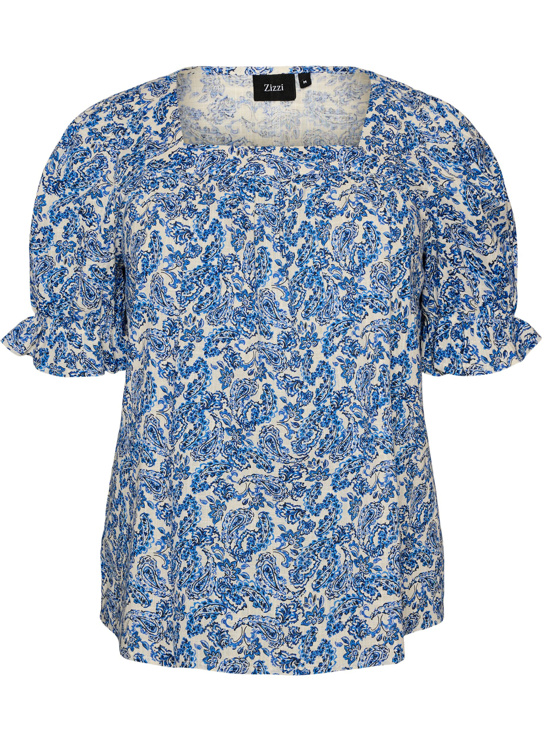 ZizziBluse i bomuld med firkantet udsk&aelig;ring, Bl&aring;, Packshot image number 0