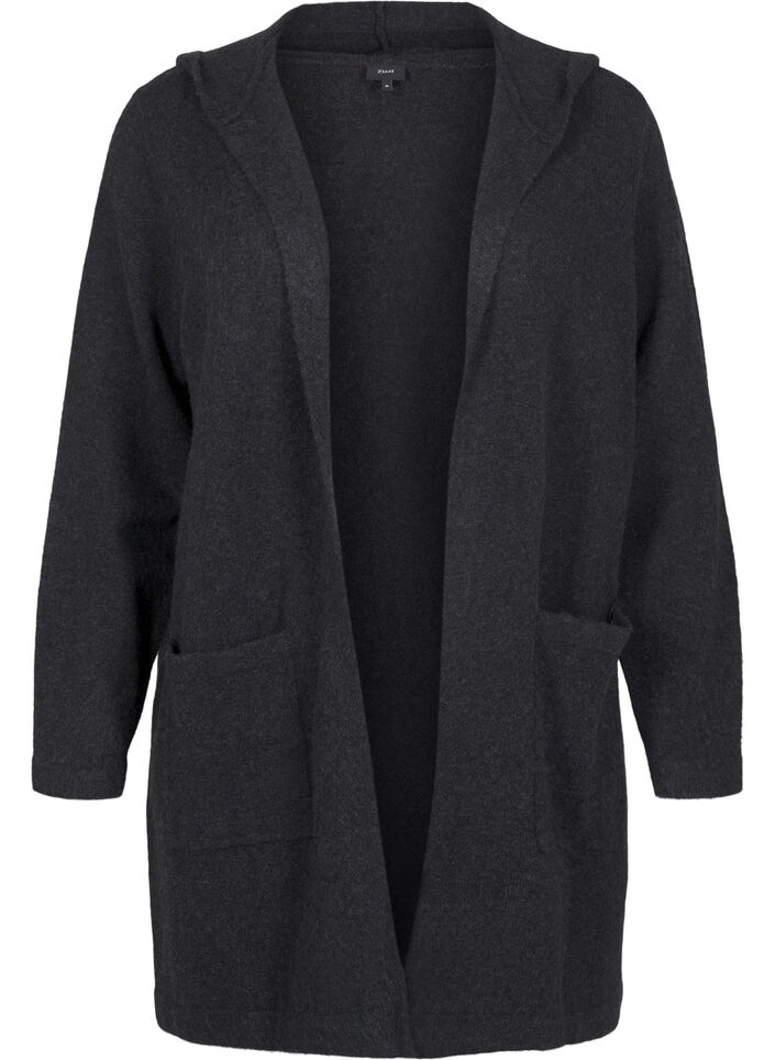 Lang strik cardigan med uld og hætte, Dark Grey Melange, Packshot image number 0