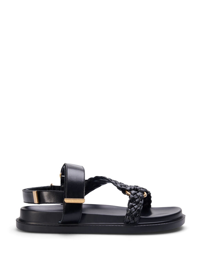 Wide fit - Lædersandal med fletremme, Sort, Packshot image number 0