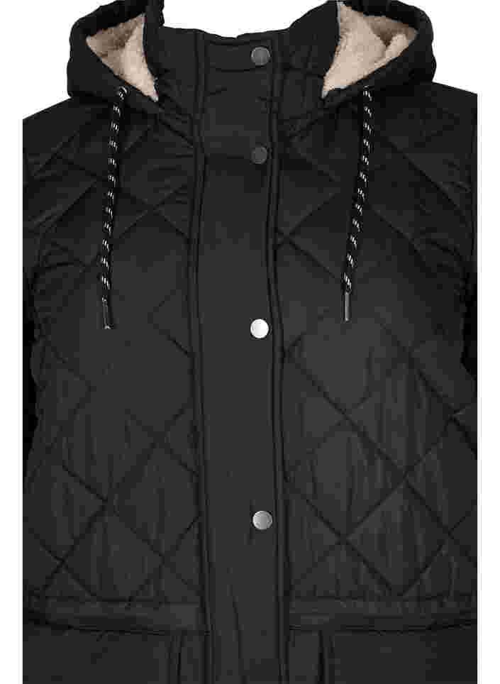 Quiltet jakke med hætte og justerbar talje, Black, Packshot image number 2