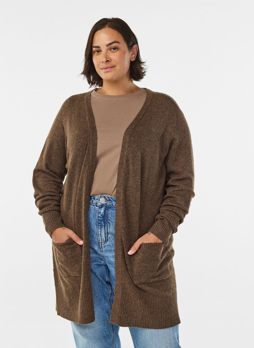 Meleret strik cardigan med lommer, Brun, Model image number 0