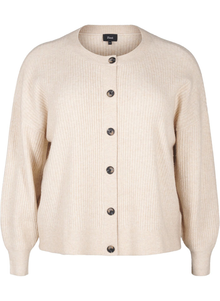 Ribstrikket cardigan med knapper, Beige, Packshot image number 0
