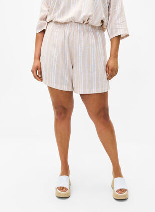 Stribede shorts i hør-viskosemix , Beige White Stripe, Model image number 2