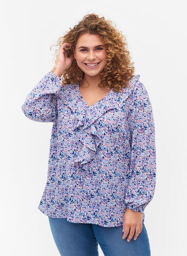 Printet bluse med flæser, Purple Ditzy Flower, Model image number 0