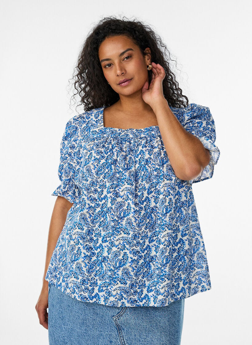 Bluse i bomuld med firkantet udsk&aelig;ring, Bl&aring;, Model image number 0