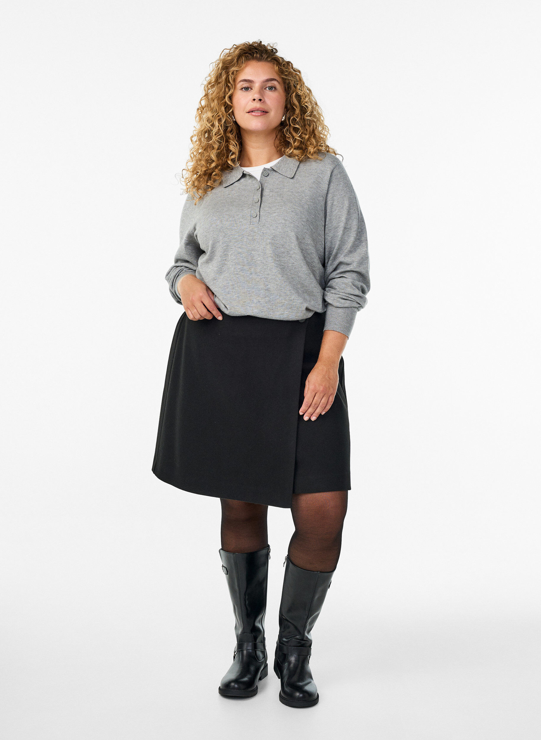 Zizzi Strikbluse med polokrave, Gr&aring;, Model image number 1