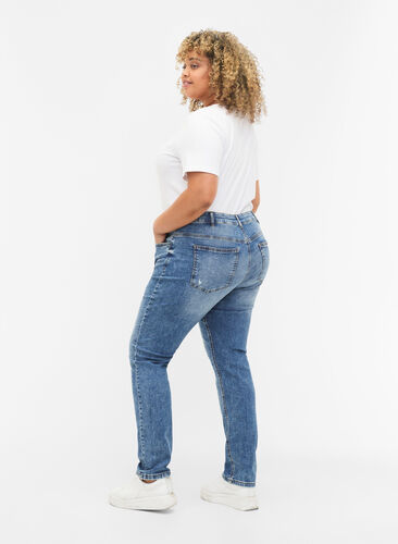Emily jeans med normal talje og slid, Blue denim, Model image number 1