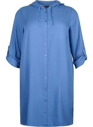 Skjortekjole i viskose med hætte og 3/4 ærmer, Moonlight Blue, Packshot image number 0