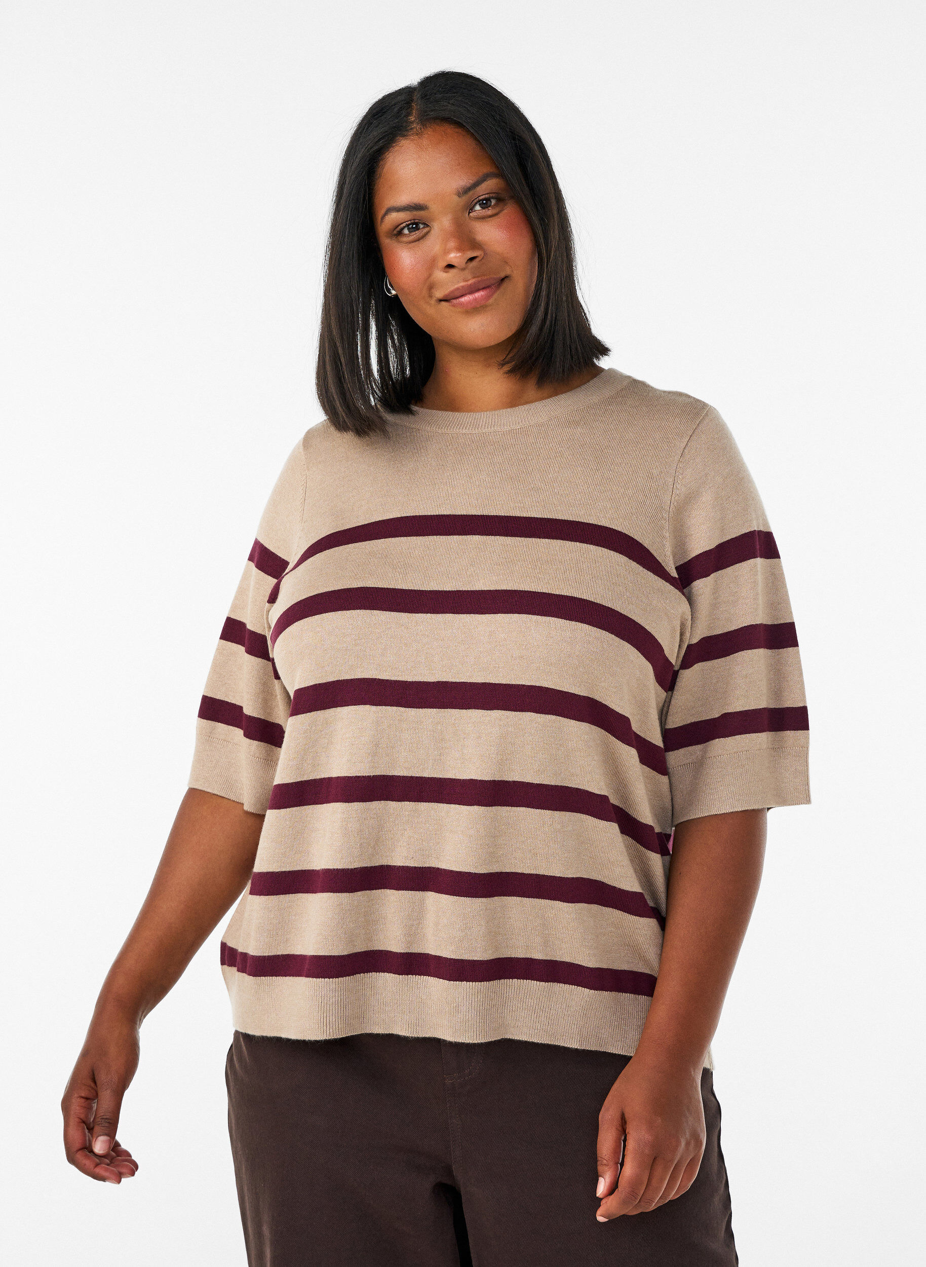 ZizziStribet strikbluse med korte &aelig;rmer, Beige, Model image number 0