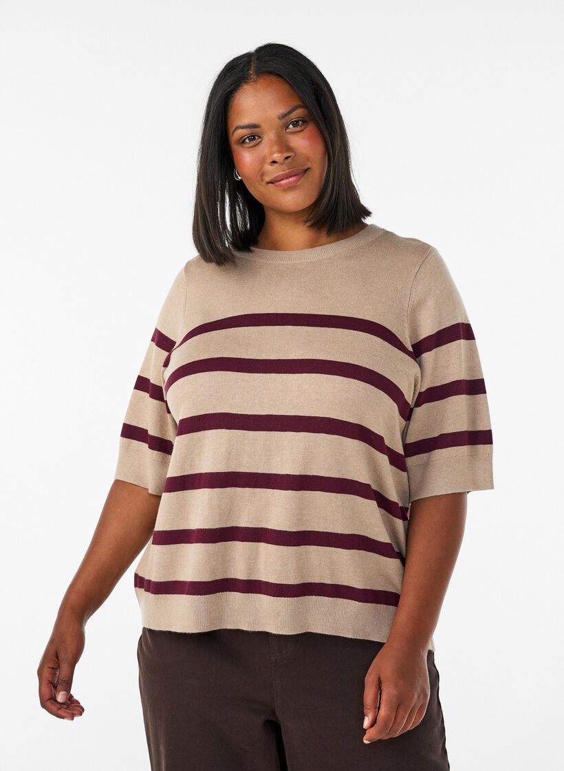 Stribet strikbluse med korte &aelig;rmer, Beige, Model image number 0