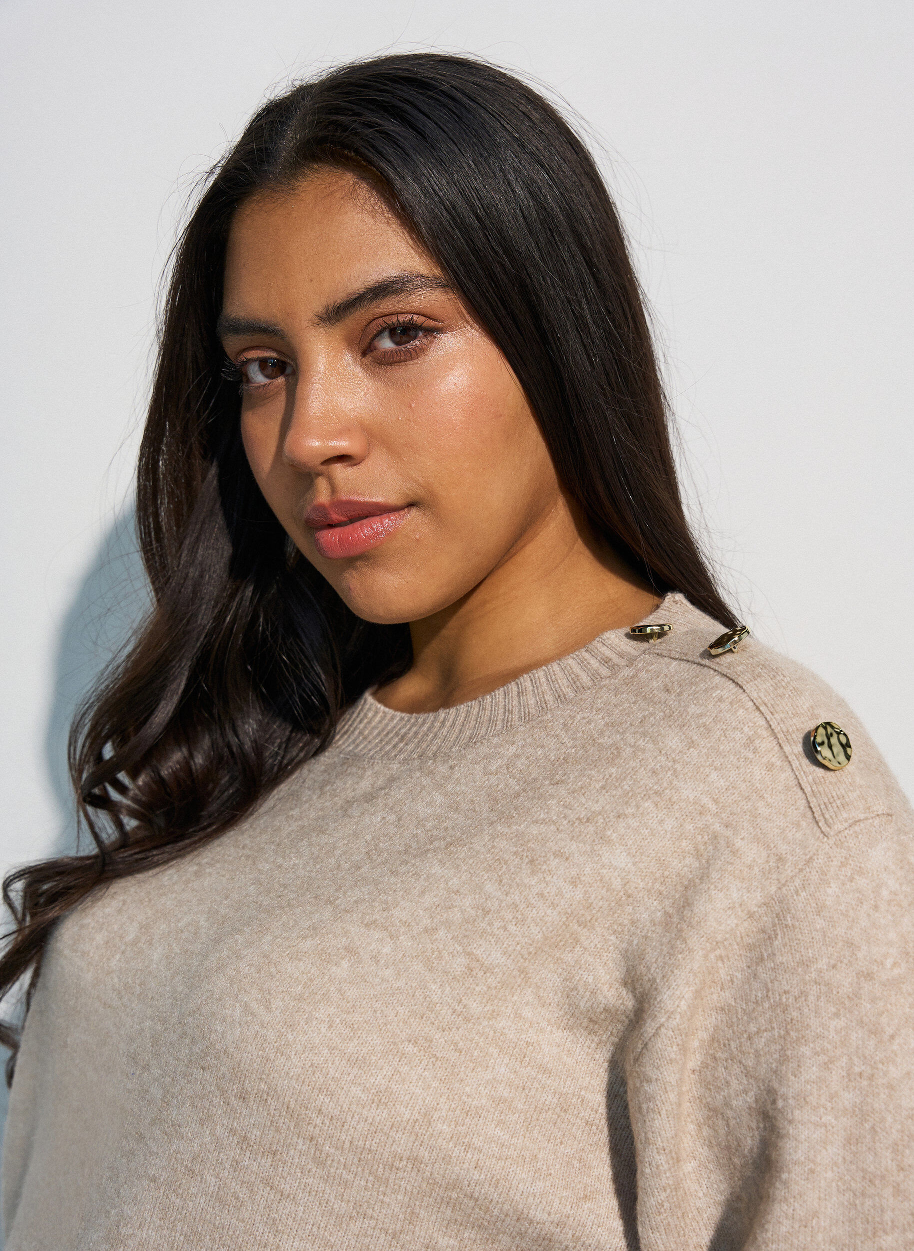 ZizziStrikbluse med knapdetalje, Beige, Model image number 3