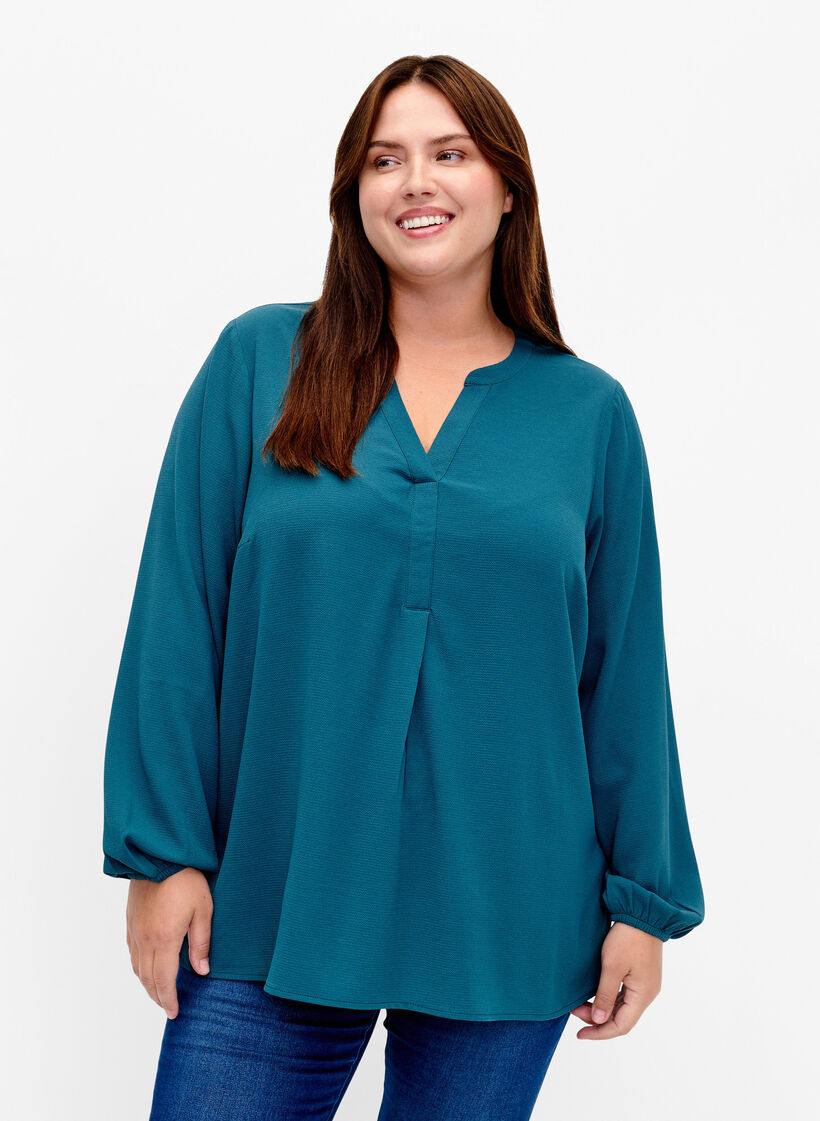 Ensfarvet bluse med v-hals, Deep Teal, Model image number 0