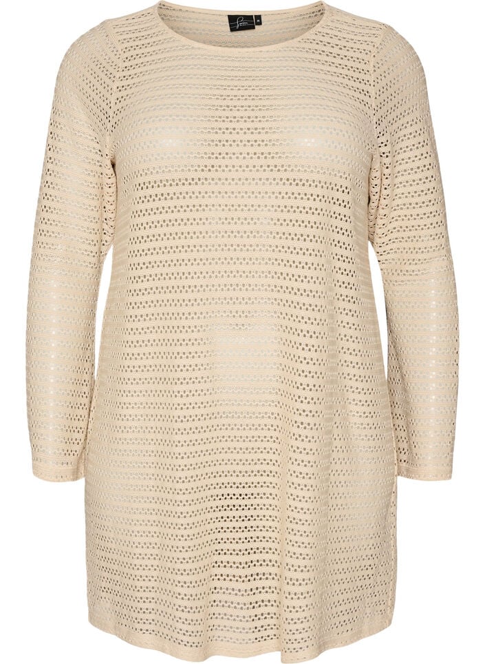 Strandkjole med hulm&oslash;nster og lange &aelig;rmer, Beige, Packshot