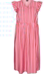 Stribet midikjole med empire-snit og fl&aelig;ser, Lyser&oslash;d