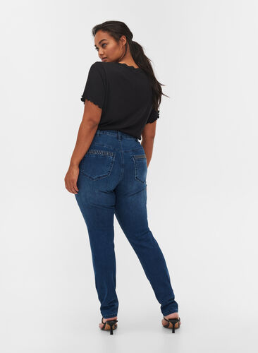 Nille jeans med høj talje og nitter, Medium Blue denim, Model image number 1