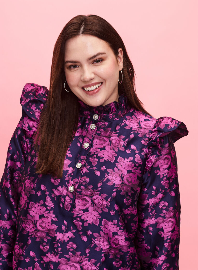 Kjole med flæsedetaljer og perleknapper, Dark Blue Pink, Model image number 2