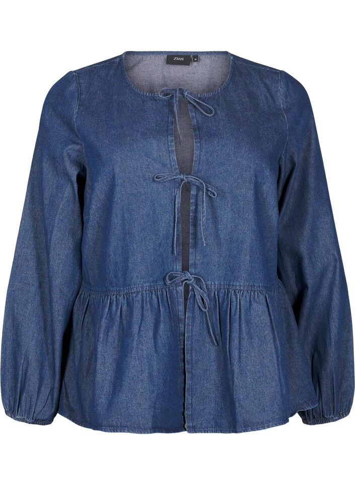 Peplum bluse i denim med bindelukning, Blå, Packshot image number 0