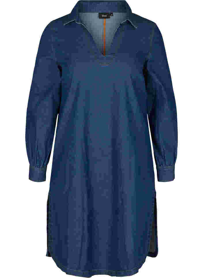 Denimkjole med slids og v-udskæring, Blue denim, Packshot image number 0