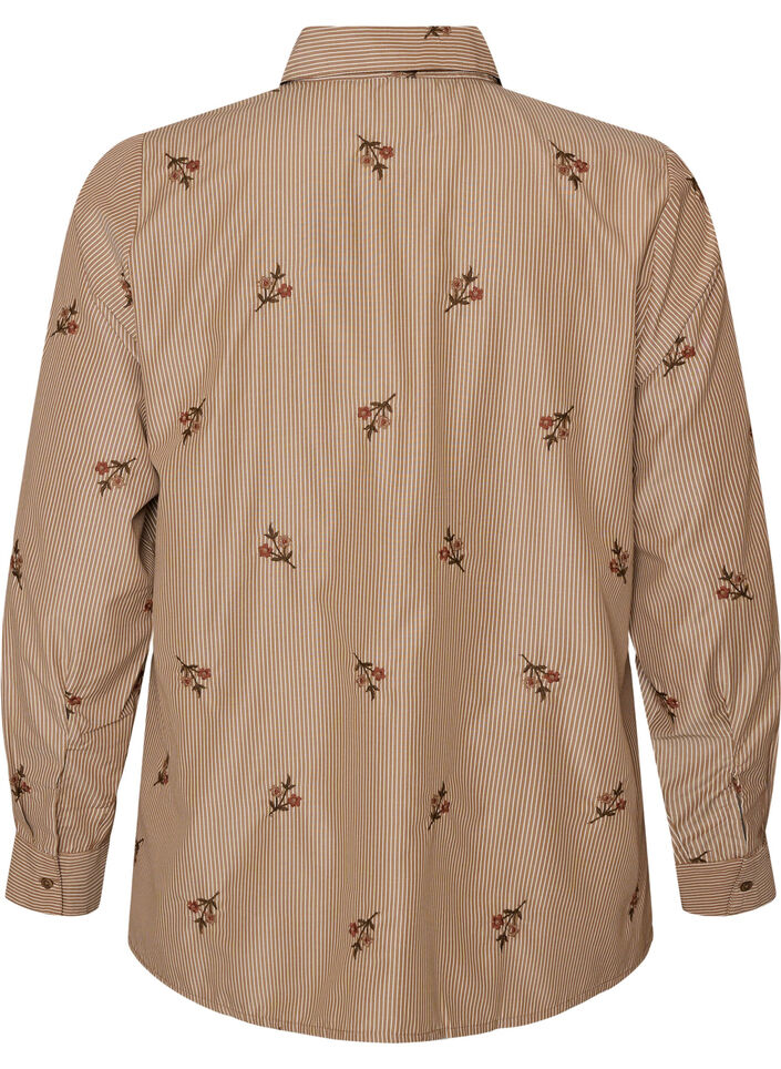Stribet skjorte med broderede blomster, Brun, Packshot