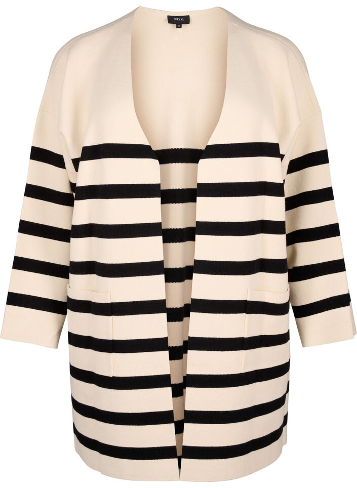 Lang strikcardigan med striber, Birch w/Black, Packshot image number 0
