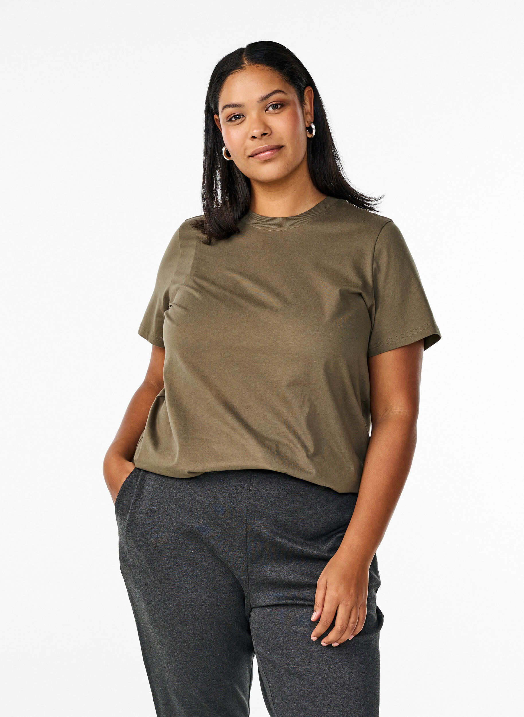 ZizziBasis t-shirt i bomuld med rund hals , Gr&oslash;n, Model image number 0