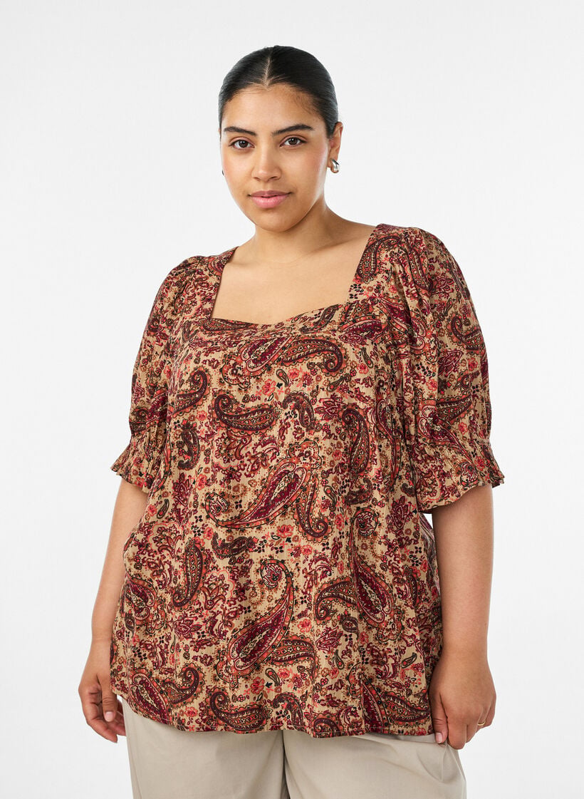 Viskosebluse med paisleyprint og firkantet udsk&aelig;ring, Brun, Model image number 0