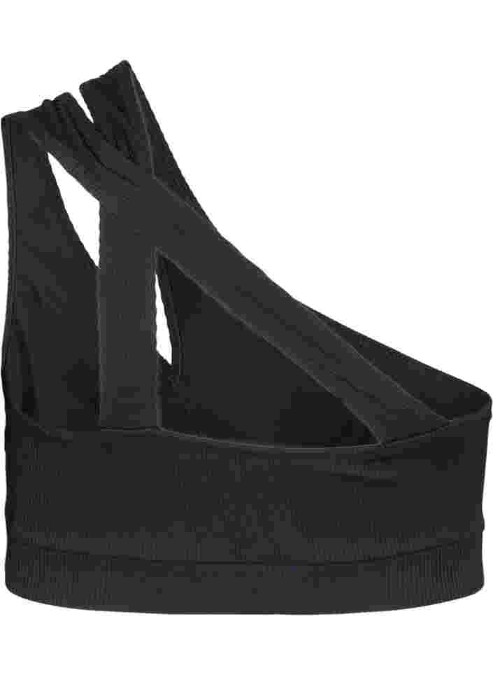 One-shoulder bikini top i rib, Black, Packshot image number 1