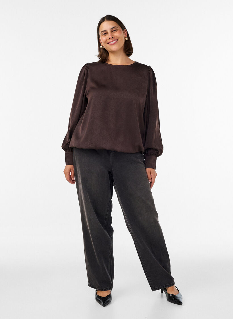 Bluse med satinlook og ballonform, Brun, Model image number 1