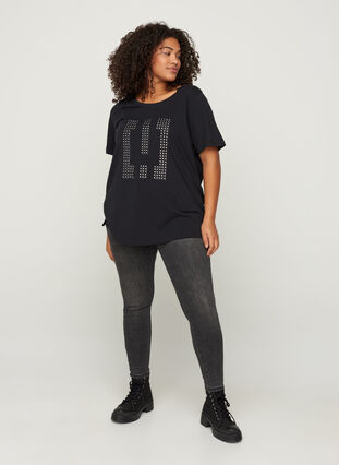 Bomulds t-shirt med nitter, Black w Excla, Model image number 2