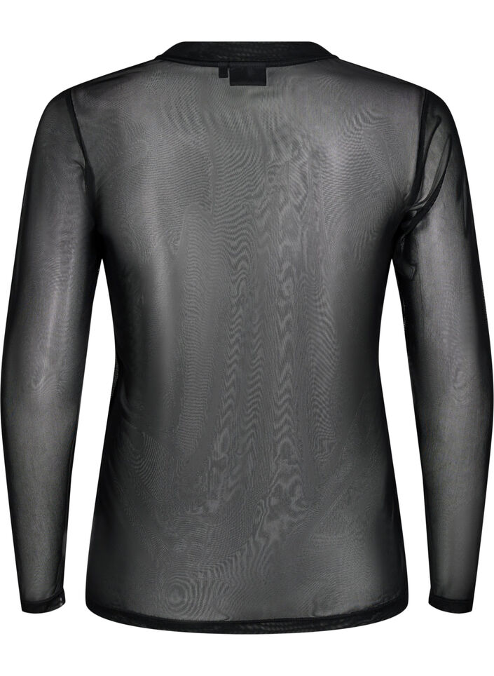 Ensfarvet mesh bluse, Sort, Packshot image number 1