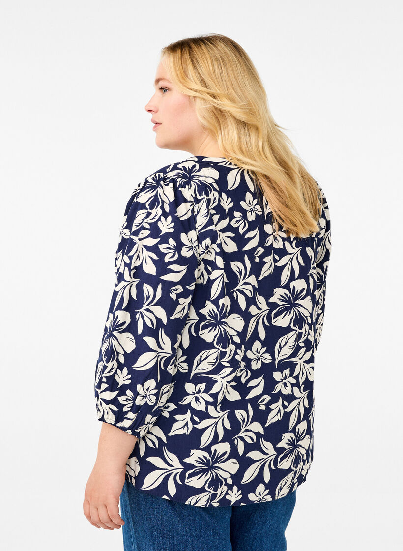 3/4 ærmet bluse i bomuld med print, Naval Academy Flower, Model image number 1
