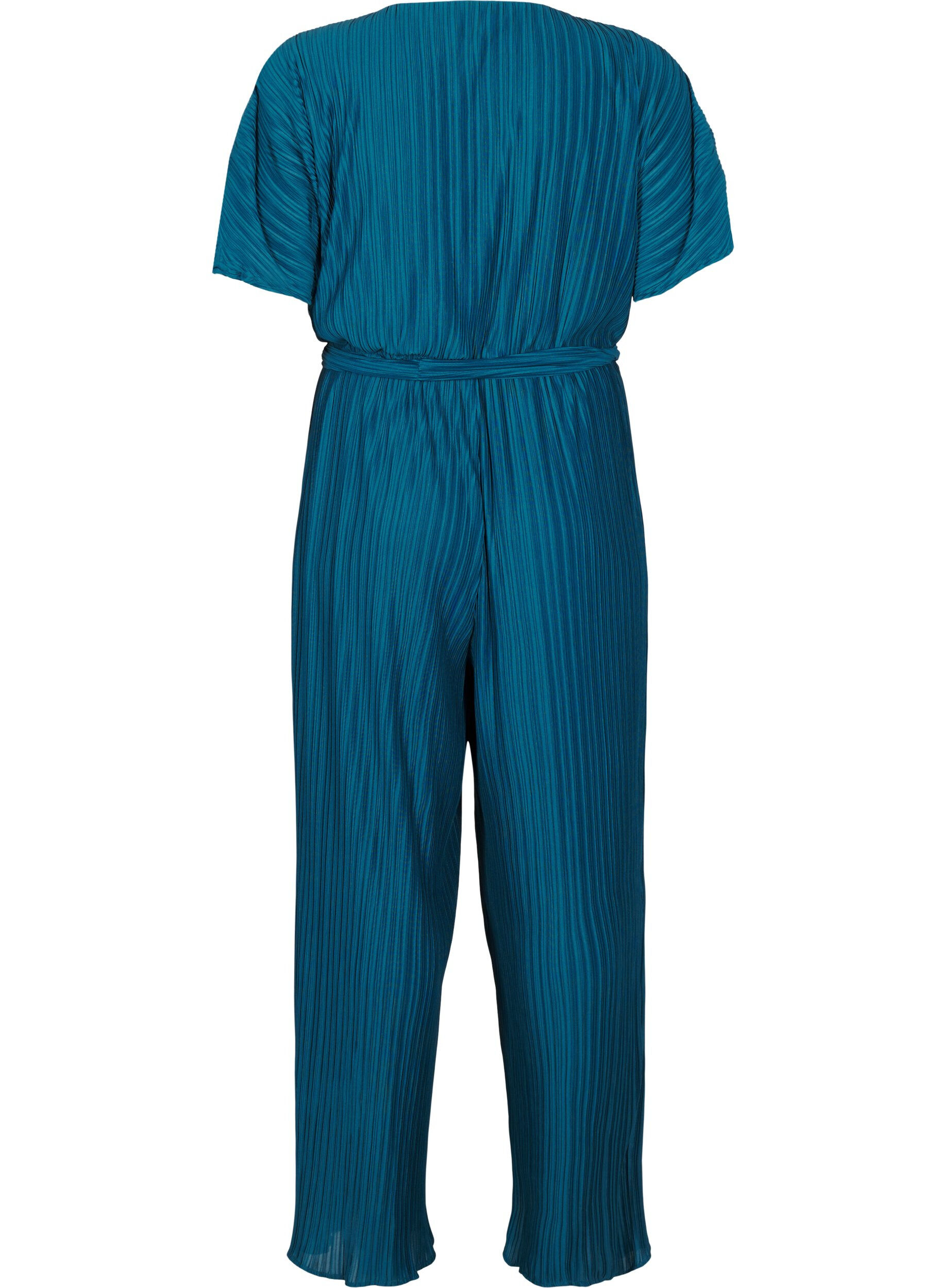 Zizzi Plisseret jumpsuit med bindeb&aring;nd og vide &aelig;rmer, Bl&aring;, Packshot image number 1