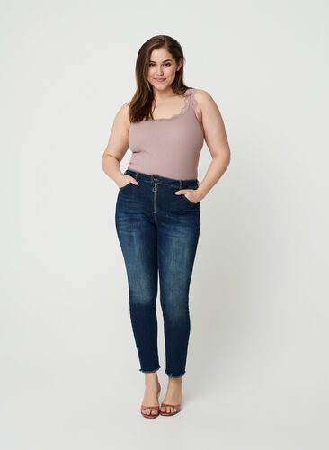 Cropped Nille jeans med rå kanter, Blue denim, Model image number 0